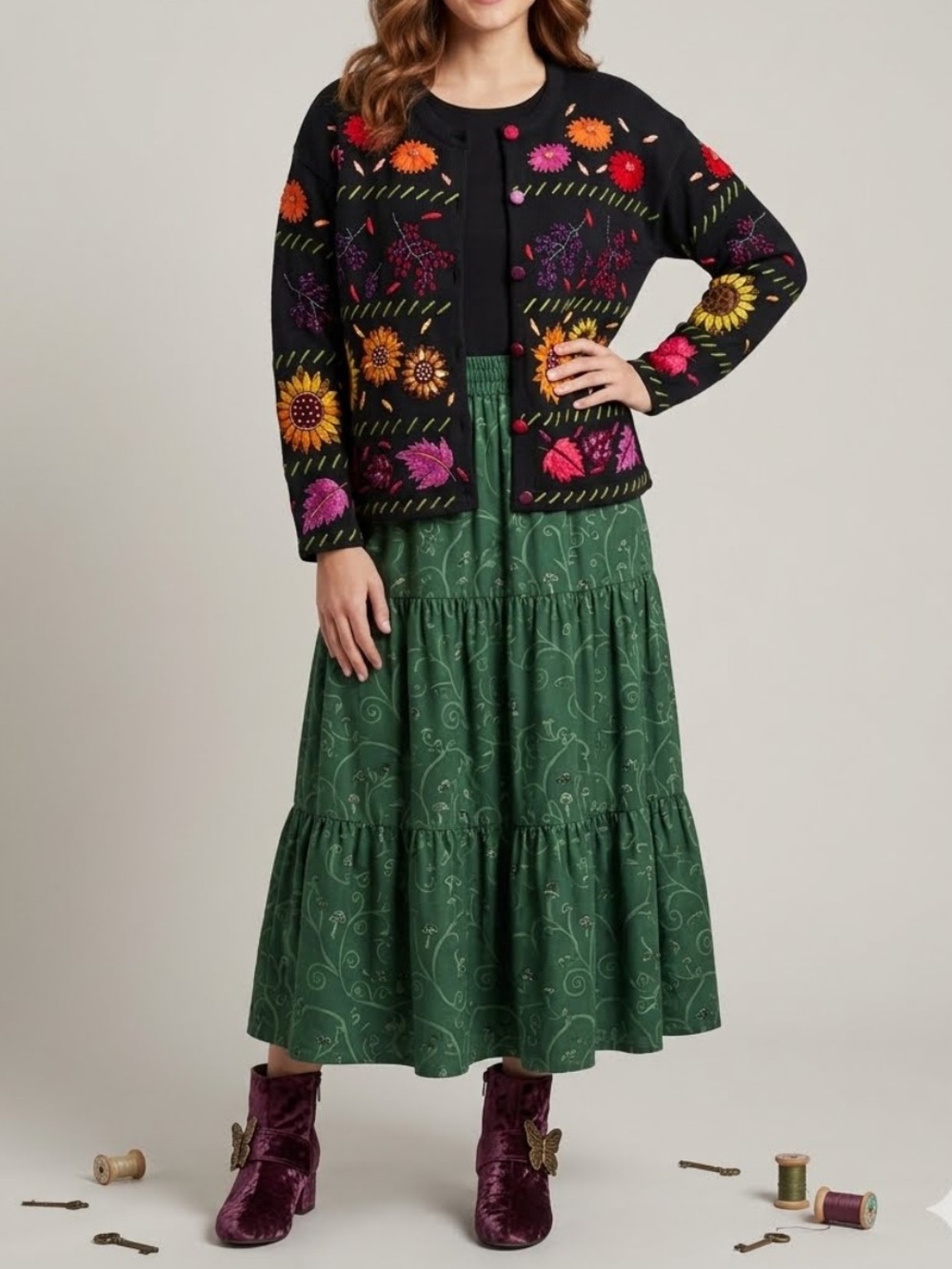 Vintage Design Options Floral Embroidered Fall Cardigan Sweater XL Ramie Cotton